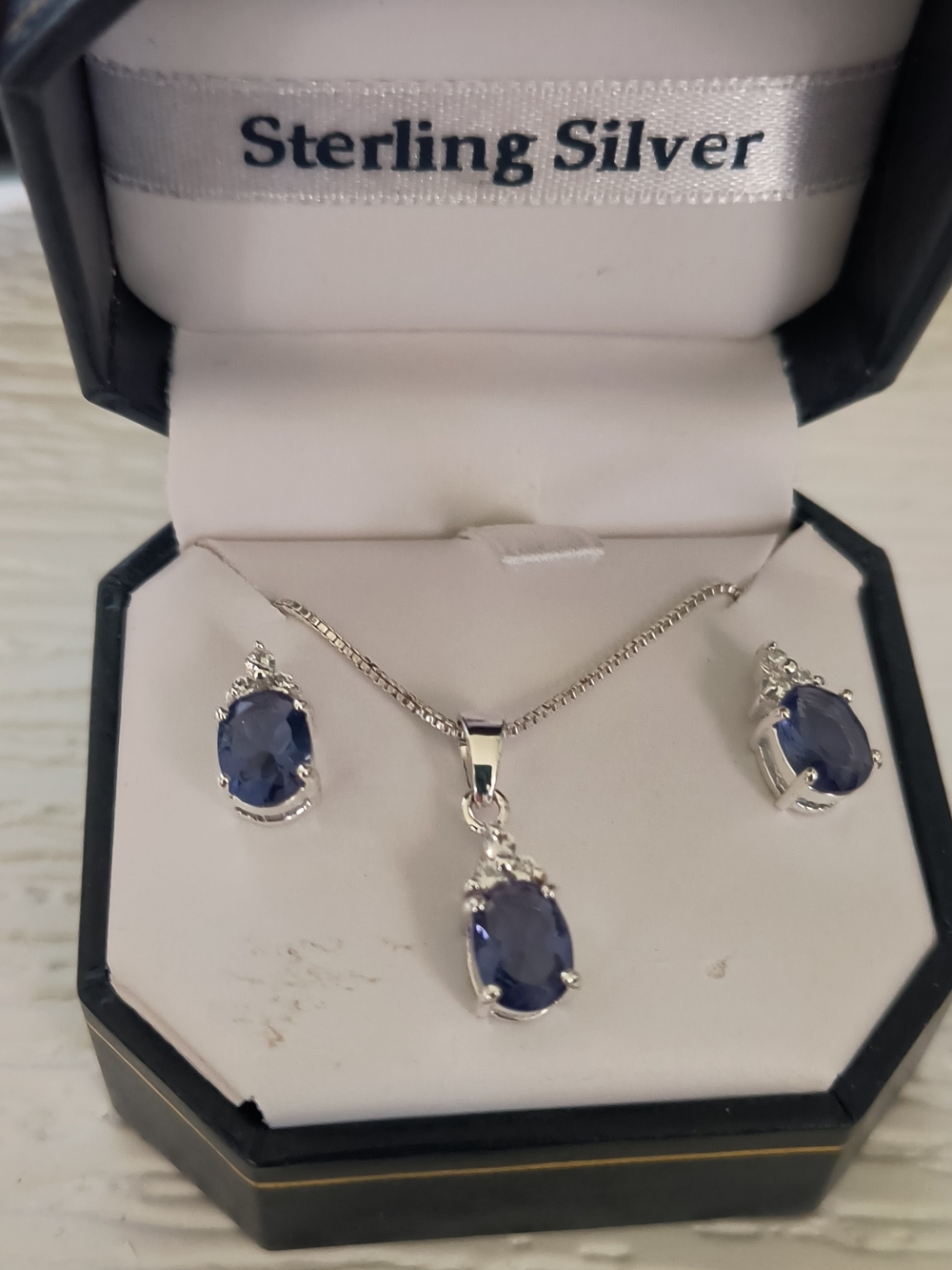 Sterling Silver Blue Stone Necklace and Earring Set